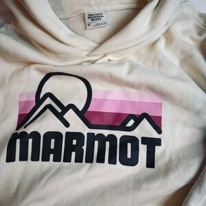 Marmot Off-White Hoodie with Pink and Black Design